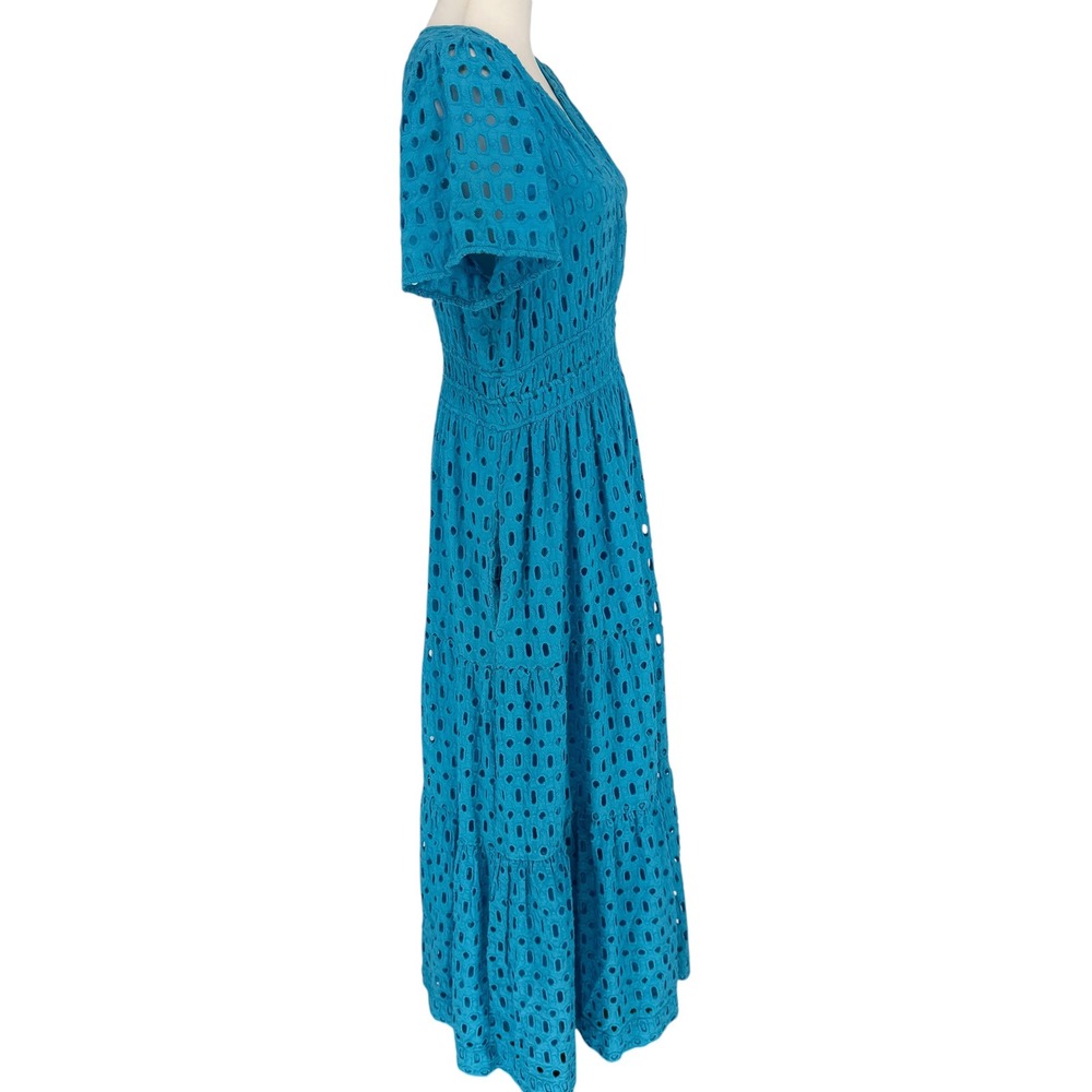 Anthropologie Somerset Long Maxi Dress Size L Blue Eyelet Smocked Tiered V Neck - Picture 7 of 10